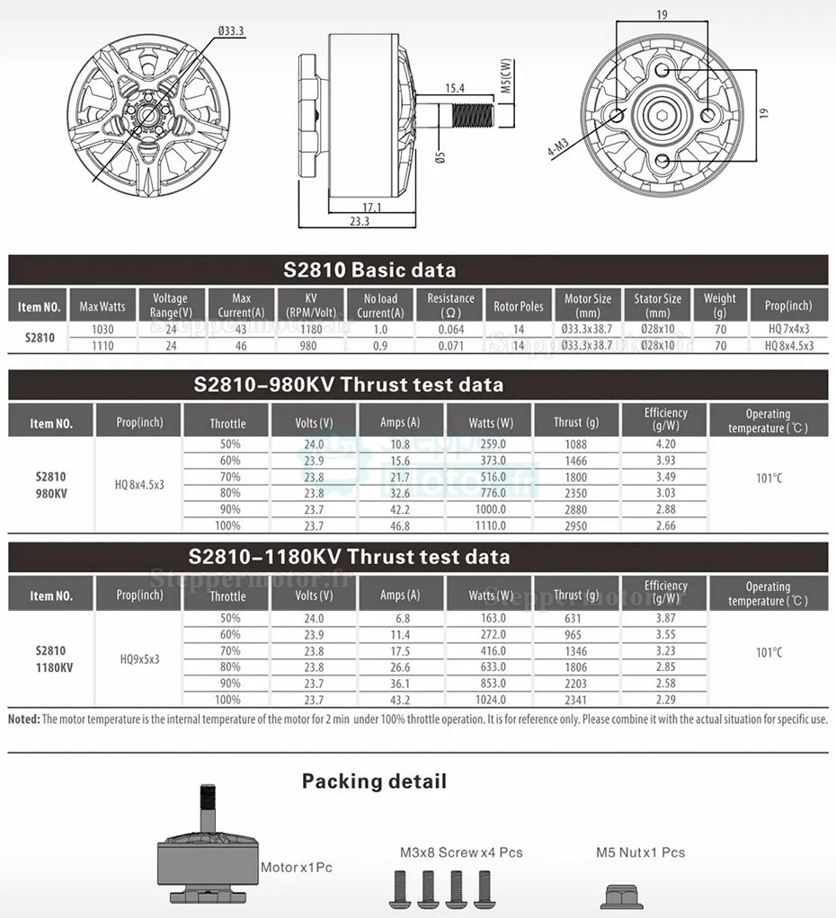 Moteur brushless drone Surpass Hobby S2810 1180KV /980KV (hélice compatible HQ8 x4.5 x3/HQ9x5x3)